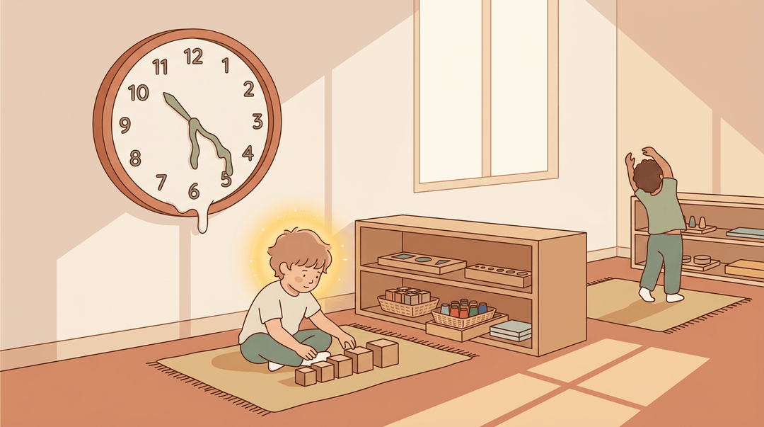 Montessori child arranges blocks while a melting clock symbolizes flexible time.