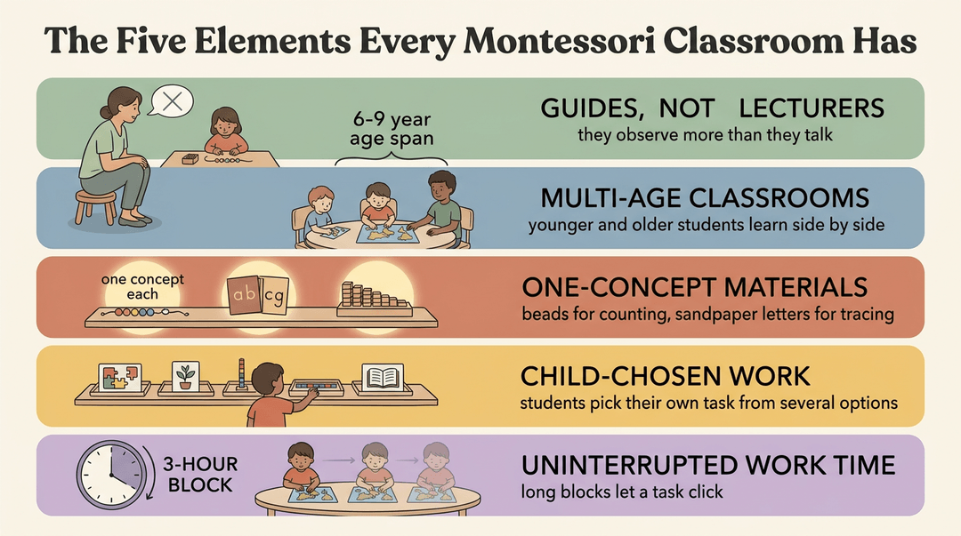 Infographic showing five Montessori classroom features: guides, multi-age groups, one-concept materials, child-chosen work, and uninterrupted time.