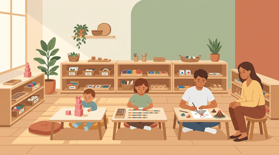 Montessori classroom with multi-age students engaged in hands-on learning, guided by a calm teacher in a warm, secular space.