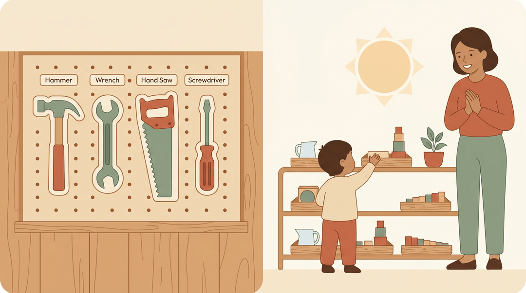 A child selects a learning tray from an organized shelf while a teacher watches, mirroring the tidy order of tools in a shed.
