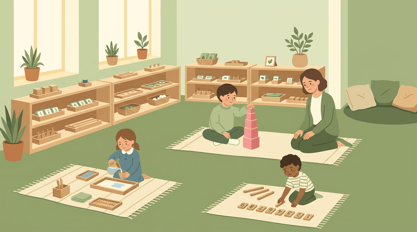 Montessori classroom with children using wooden materials on floor mats while a teacher observes quietly.