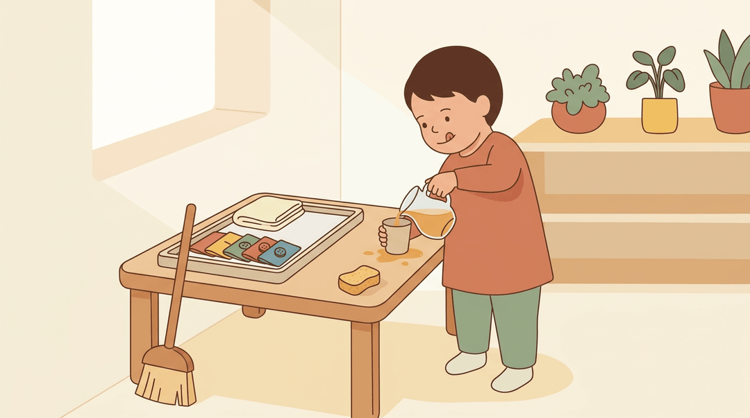 A child pours juice at a snack table in a Montessori classroom, practicing independence with cleaning tools nearby.