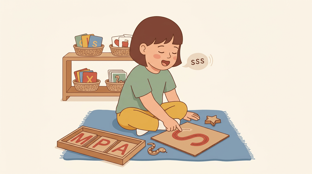 Child tracing sandpaper letter S with finger, surrounded by matching objects and other letters in a calm Montessori setting.