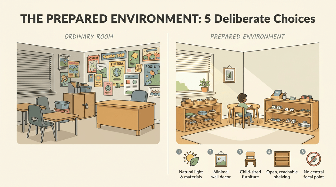 Side-by-side comparison of a cluttered, adult-centered classroom versus a calm, child-sized prepared environment with natural light and accessible materials.