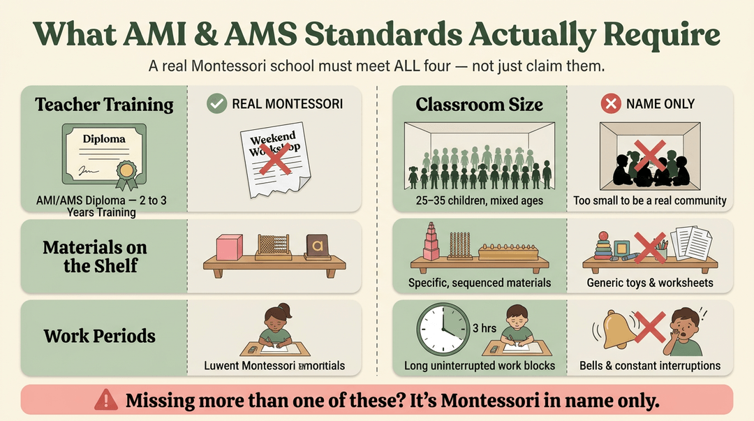 Infographic comparing real Montessori standards to name-only claims across teacher training, class size, materials, and work periods.