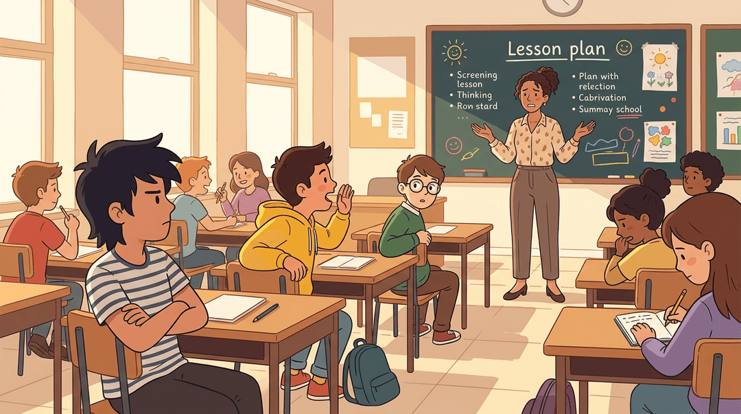 A teacher looks stressed as students are disengaged, calling out, or watching a lesson unravel in a classroom.