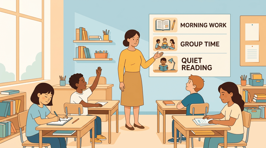 A teacher gestures to a visual routine chart in a calm classroom where students are engaged in various activities.