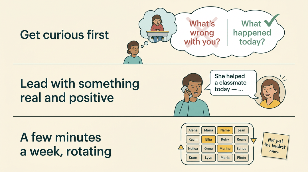 Three illustrated panels: questioning an upset child, a teacher calling a parent, and a student roster with rotating highlights.