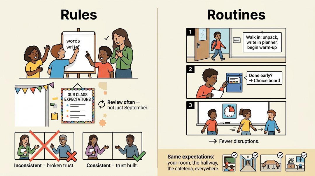 An educational graphic contrasting classroom