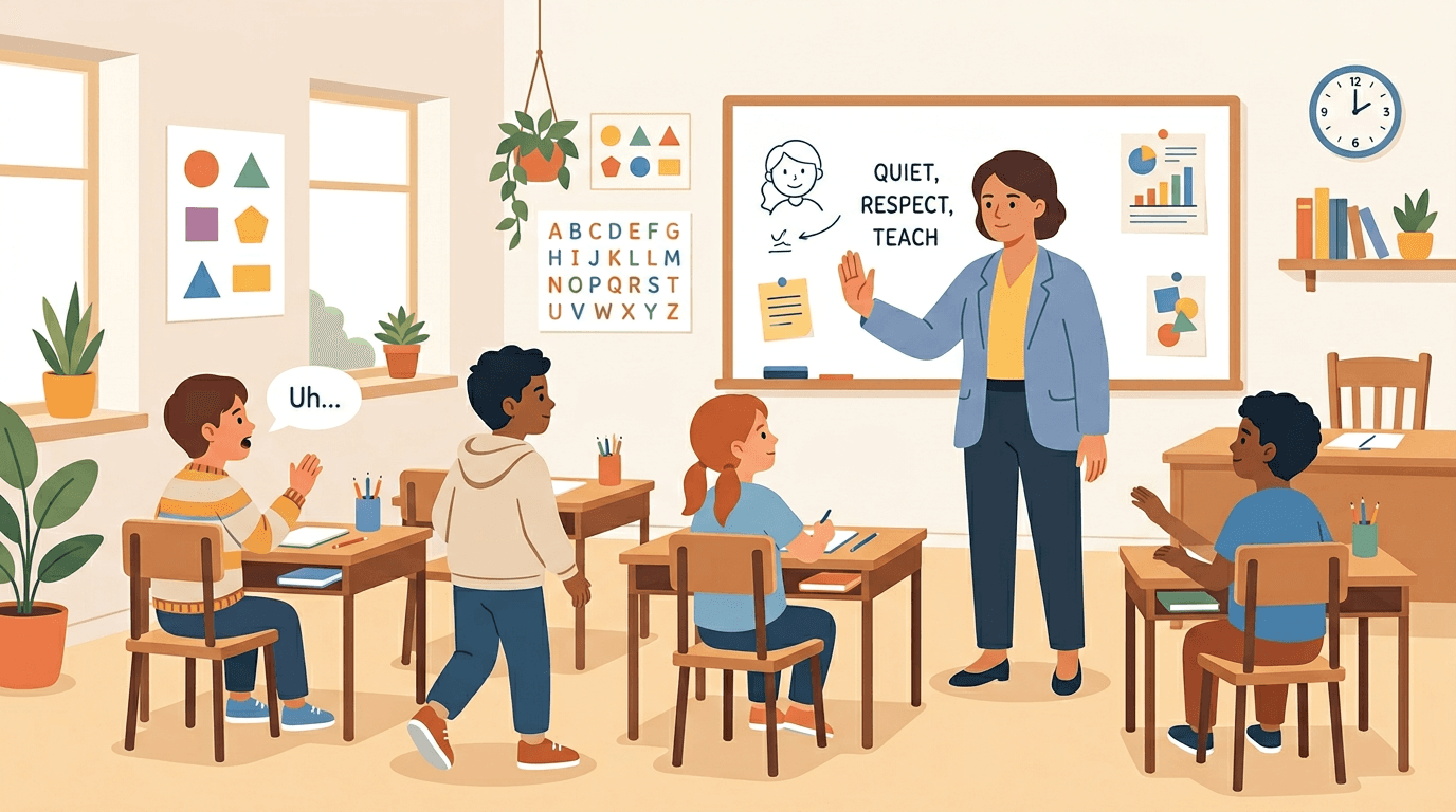 A calm teacher holds up a hand to gently stop three mildly disruptive students in a bright, neat classroom.