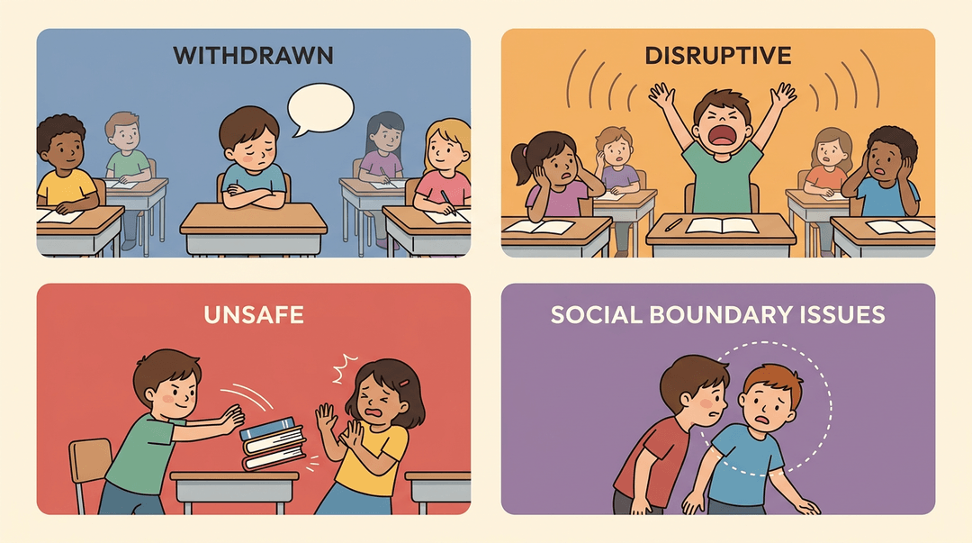 Four panels each depict a different classroom behavior: a withdrawn child, a disruptive child, an unsafe child, and a child with social boundary issues.