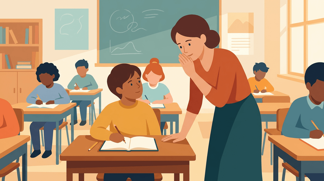 A teacher calmly offers a gentle, non-verbal cue to a student who is beginning to refocus on their schoolwork.