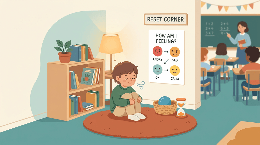 A student sits in a cozy classroom 'Reset Corner' with a feelings chart, stress ball, and sand timer, as classmates learn.