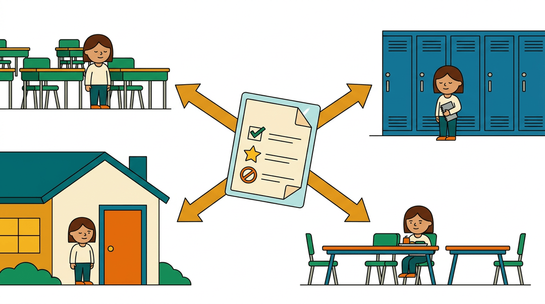 A floating behavior plan document connects to four school and home settings, each with a consistently calm student figure.