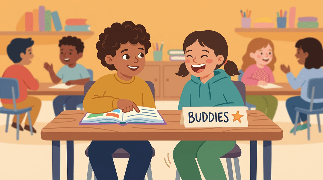 Two smiling elementary students share a moment at a classroom table, one pointing and the other laughing, with a 'Buddies' card between them, in a warm, relaxed classroom setting.