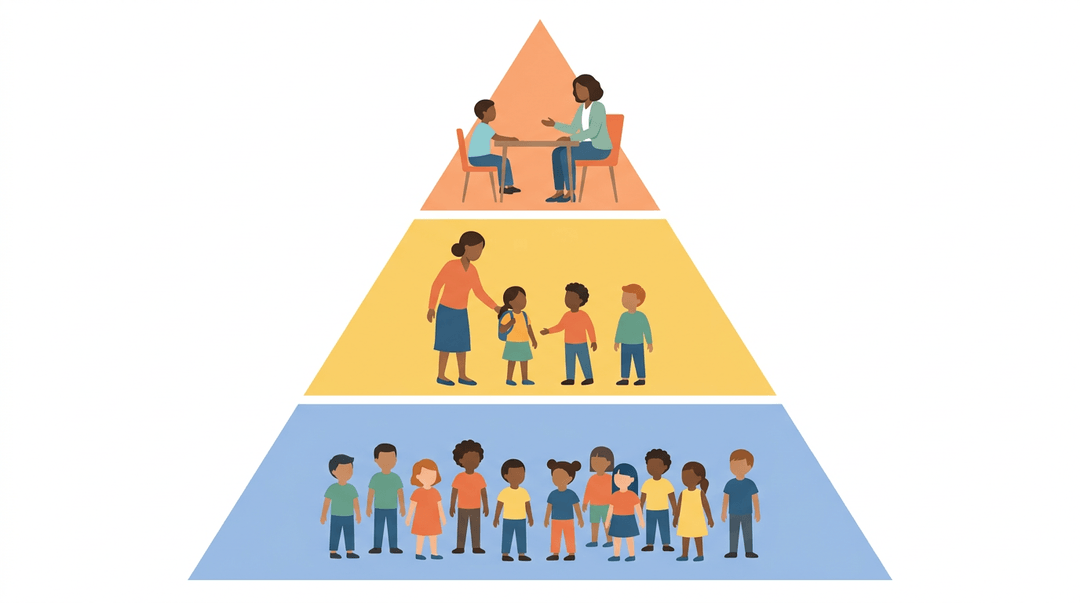 A three-tiered pyramid shows universal student support at the wide base, targeted small-group help in the middle, and intensive one-on-one attention at the top.