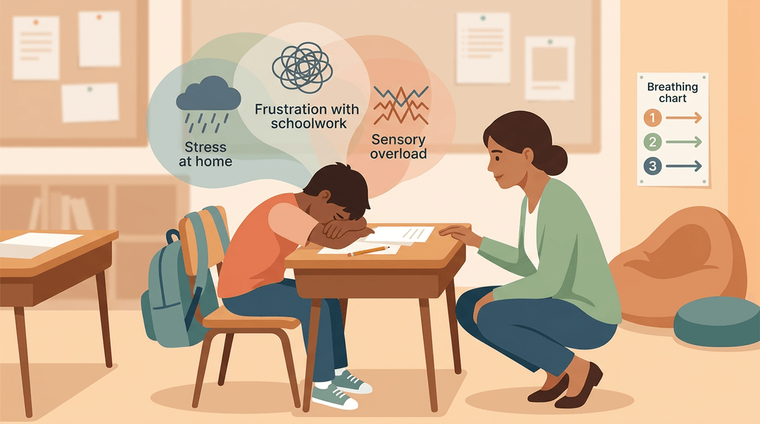A student overwhelmed by floating symbols of stress is comforted by a teacher in a classroom with a calm-down corner.