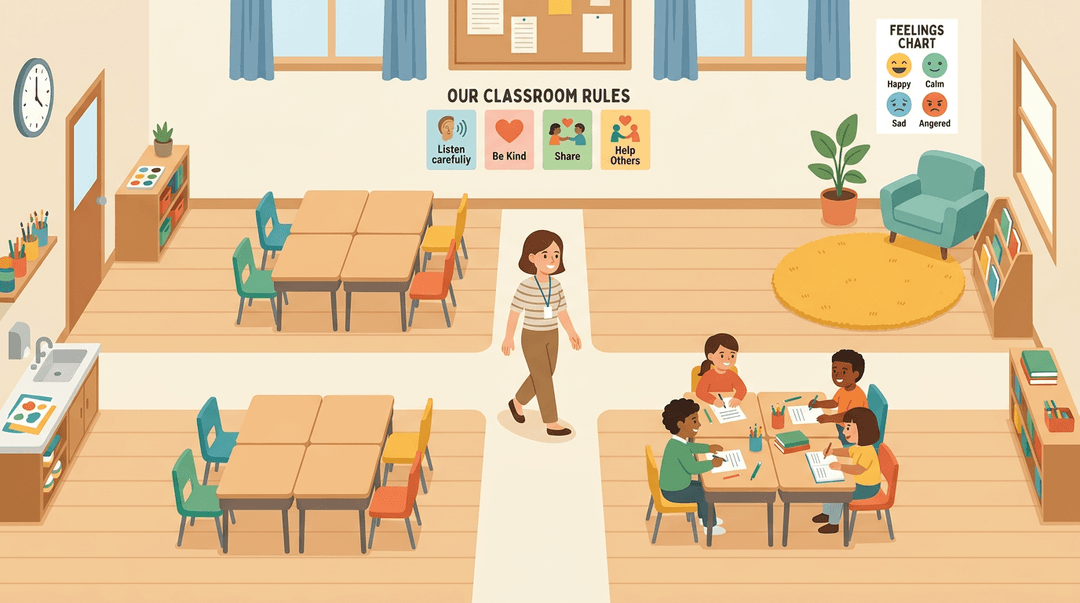 A calm, intentional elementary classroom with desks in clusters, wide pathways, a cozy reading nook, and a teacher interacting with students.