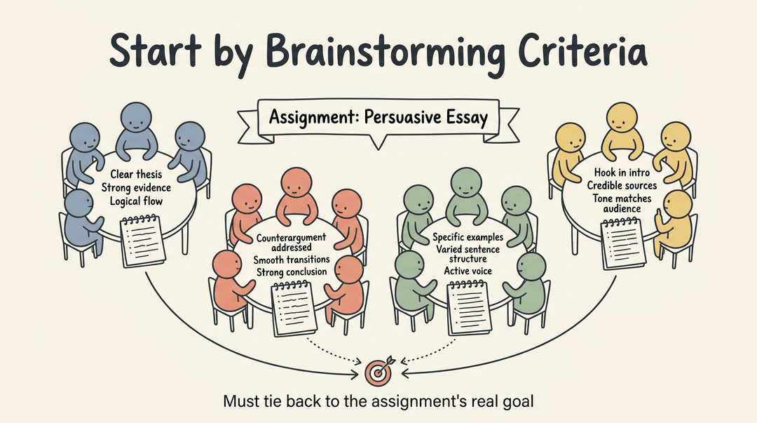 Classroom brainstorming activity showing four groups generating criteria for a persuasive essay, all connecting to the assignment's core goal.