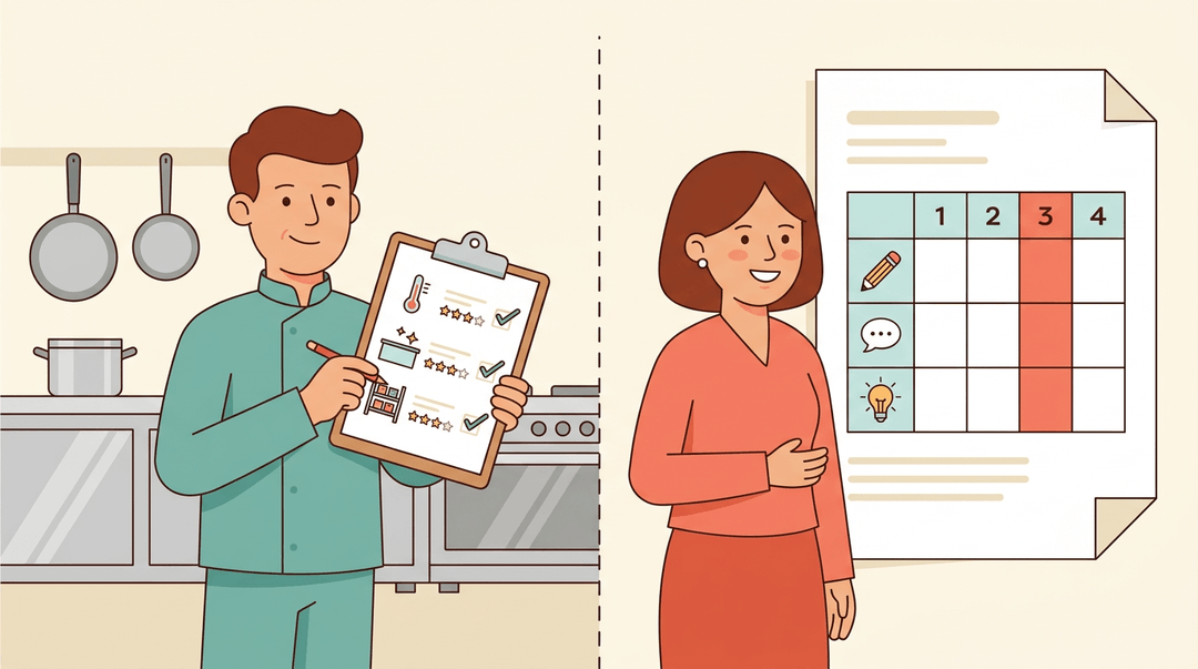 A restaurant inspector and teacher mirror each other holding checklists, illustrating that grading with rubrics is precise like an inspection.