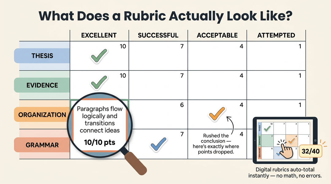 An infographic shows a grading rubric with rows for thesis, evidence, organization, and grammar, highlighting a zoomed-in cell and a digital total of 32/40.