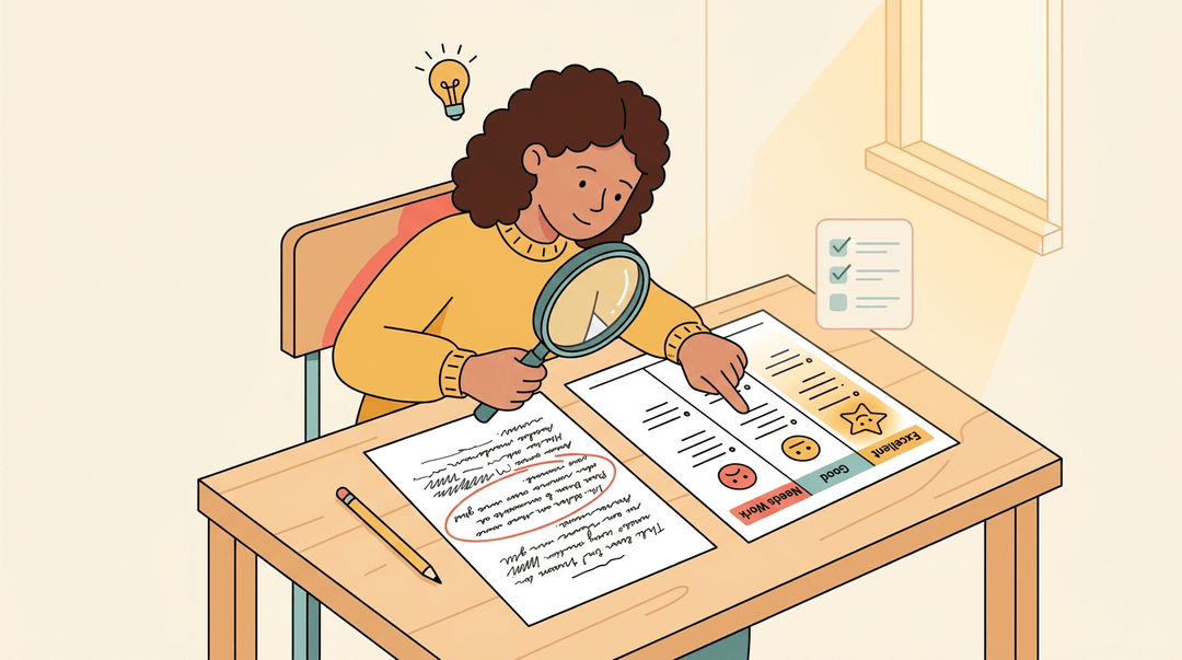 A student compares her essay to a rubric using a magnifying glass, realizing how to improve her writing.
