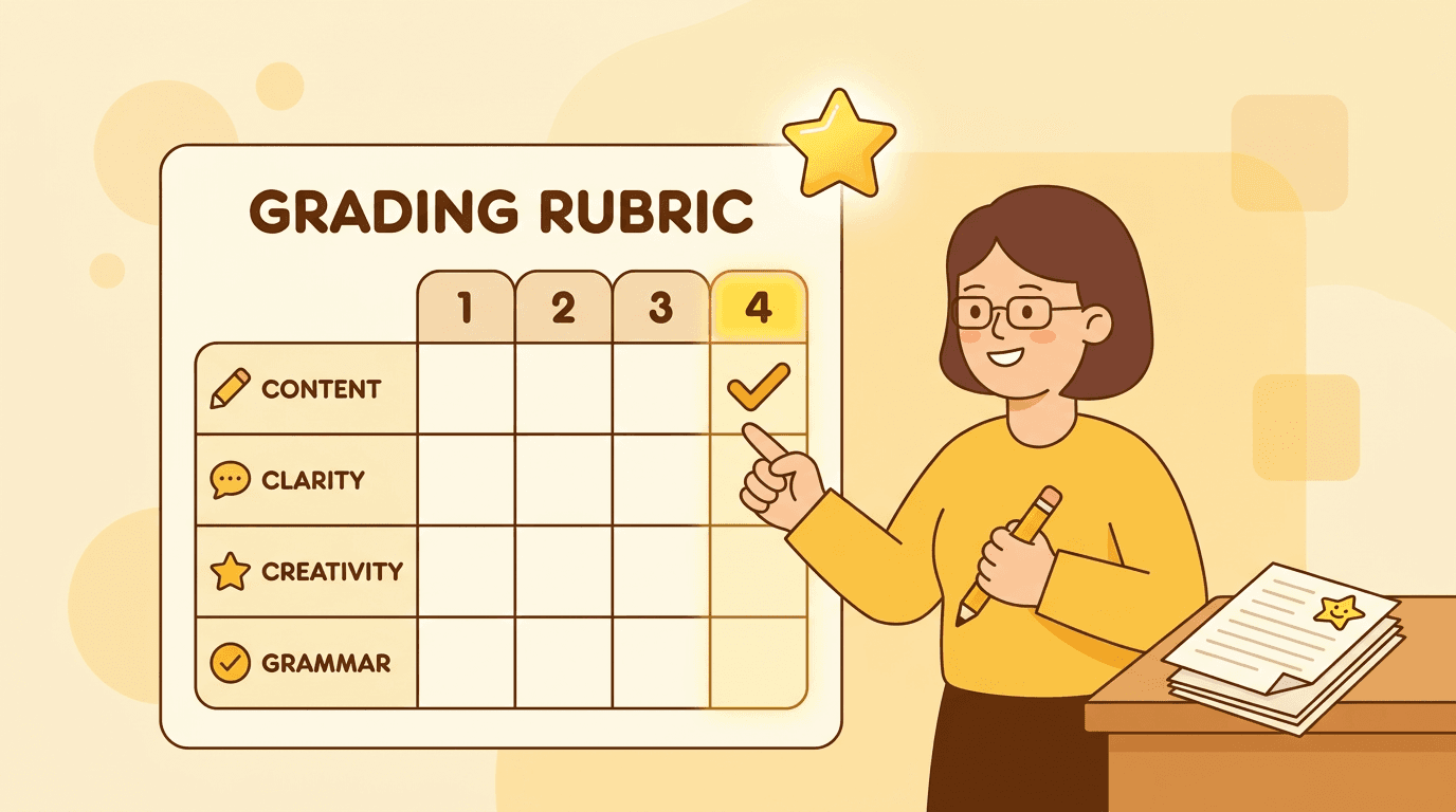 A teacher points to a top score on a rubric chart, highlighting grading criteria with warm yellow tones.