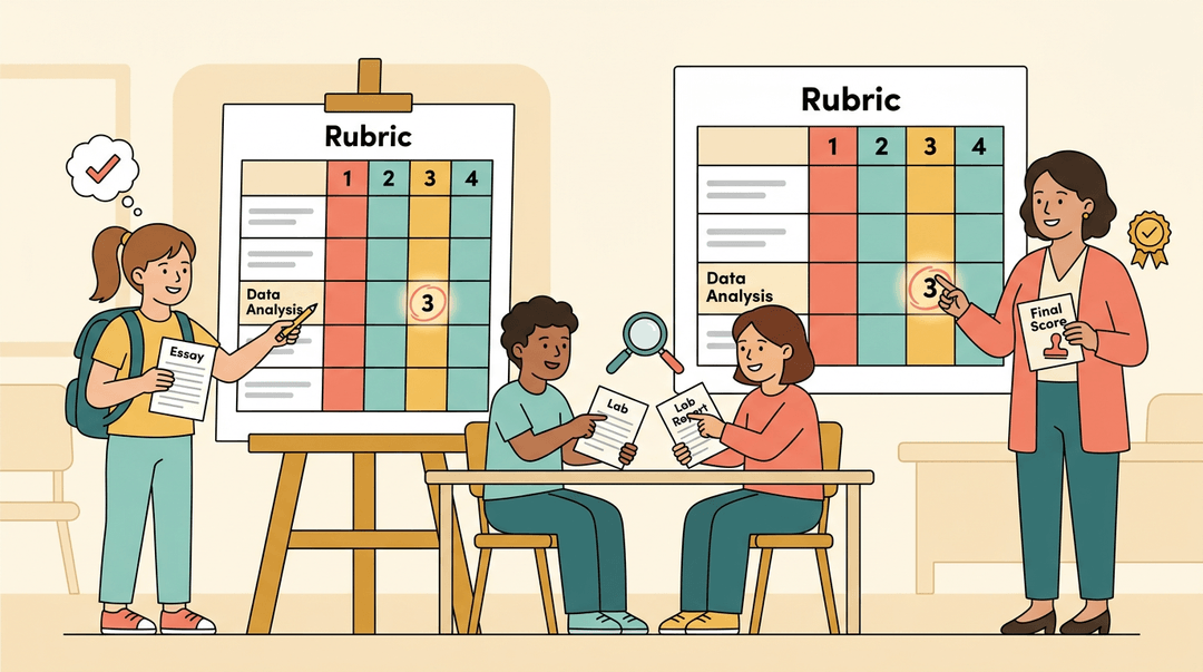 Students and teacher align on a rubric score of 3, showing consistent grading agreement in a classroom setting.