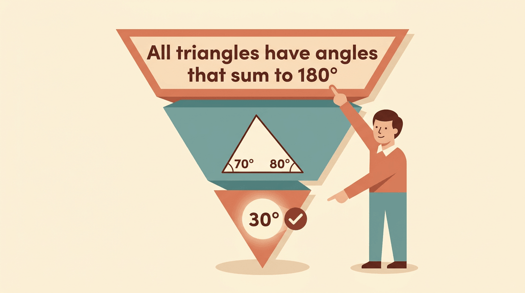 A teacher points to a funnel diagram showing deductive reasoning, narrowing from a general rule about triangle angles to the specific answer of 30 degrees.