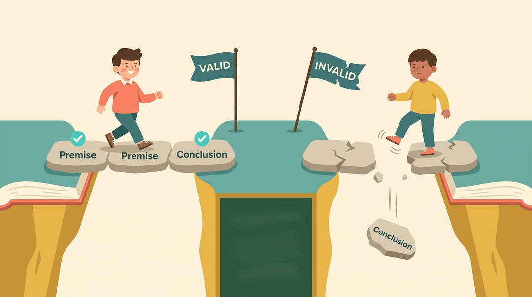 Two students cross bridges: one solid to a 'VALID' flag, the other broken leading to an 'INVALID' fall.