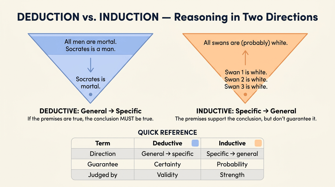 Diagram comparing deductive reasoning (general to specific) with a blue downward triangle and inductive reasoning (specific to general) with an orange upward triangle.