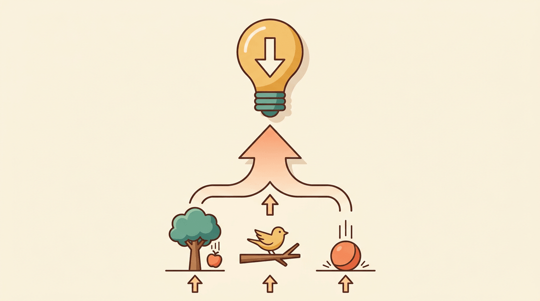Flat vector illustration showing inductive reasoning with specific observations at the bottom converging upward into a lightbulb representing a general rule.