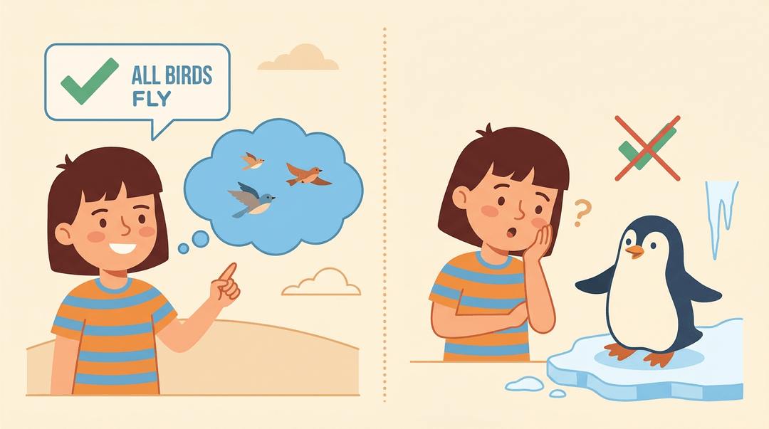 A student realizes not all birds fly, contrasting flying birds with a flightless penguin.
