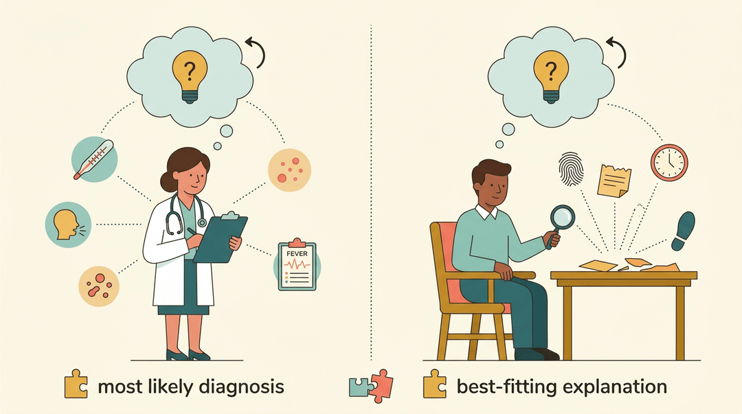 A doctor and juror use clues to make educated guesses, symbolizing diagnosis and explanation as open-ended processes rather than certainties.