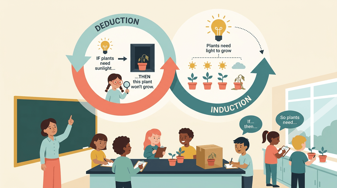 Educational illustration showing the scientific method loop connecting deduction and induction in a middle school science classroom.