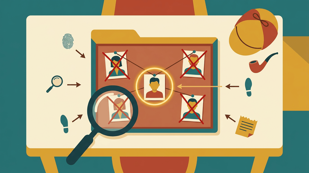 A flat vector illustration shows a detective's desk with clues narrowing down to one circled suspect card, representing deductive reasoning.