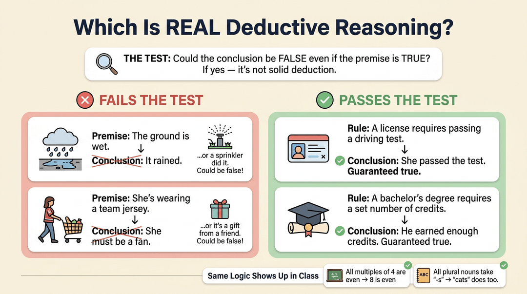 Infographic comparing deductive reasoning tests, showing failed examples with sprinklers and gifts versus passed examples with licenses and degrees.