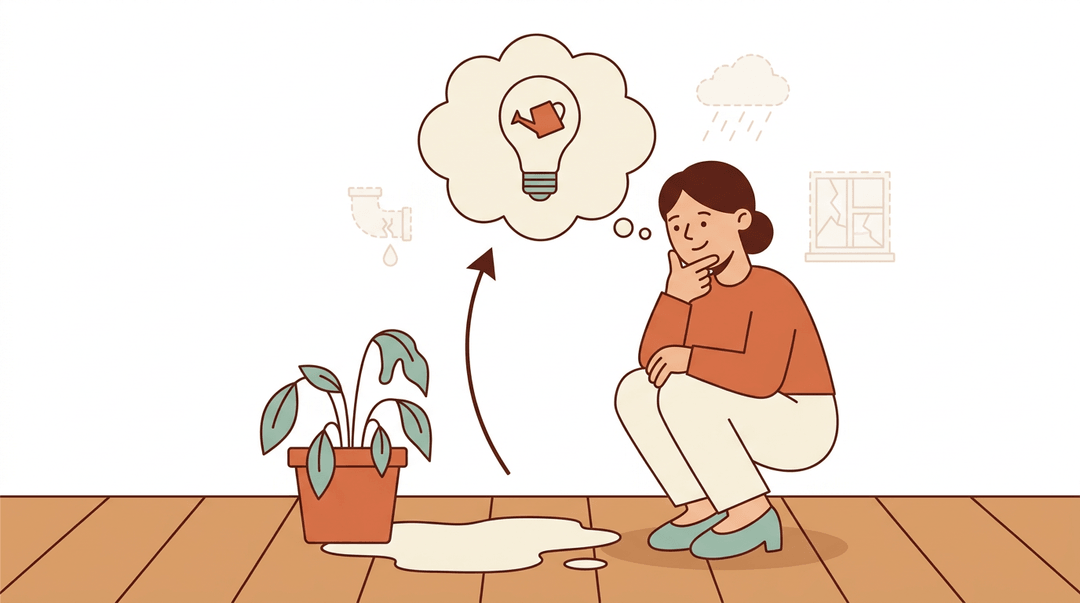 A teacher thinks about a wilted plant and water puddle, using a lightbulb to symbolize deducing the cause was overwatering.