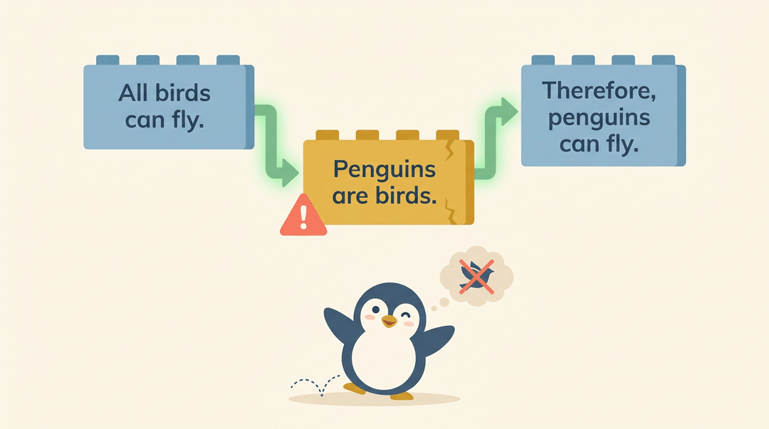 A penguin looks up at a logical chain proving it can fly, highlighting the flaw in assuming all birds do.