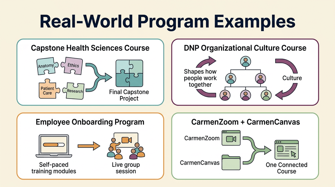 Four panels illustrate real-world program examples: capstone health sciences, DNP culture, employee onboarding, and CarmenZoom integration.