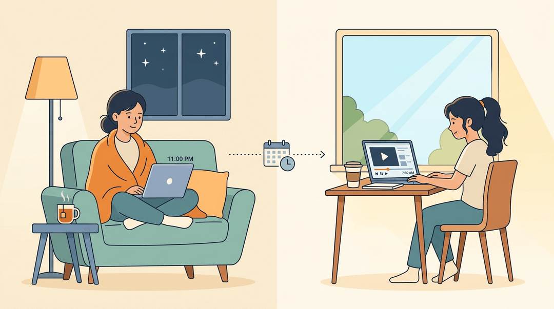 A student studies online at night and continues the lesson in the morning, showing flexible learning timing.