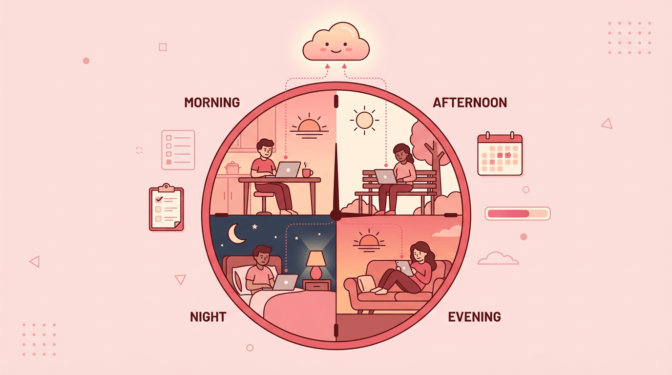 Four characters study online at different times of day, connected to a shared cloud icon above a clock.