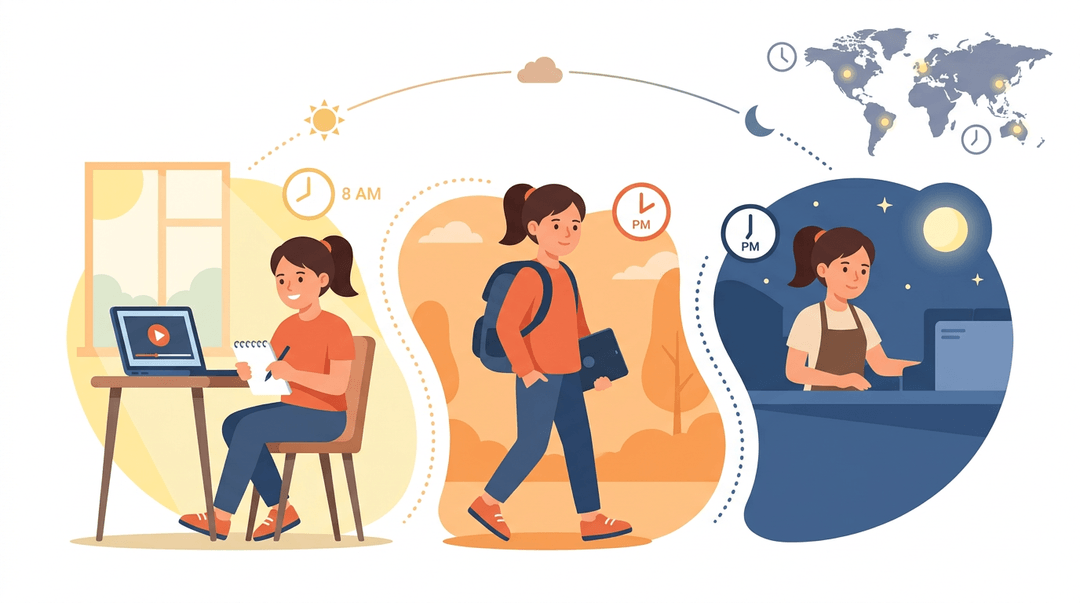A girl studies online in the morning, attends class remotely at 2 PM, and works a café job at 7 PM.