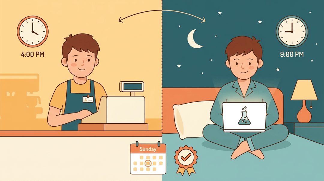 Teen works at a café at 4 PM then studies chemistry online in pajamas at 9 PM, showing flexible scheduling on Sunday.