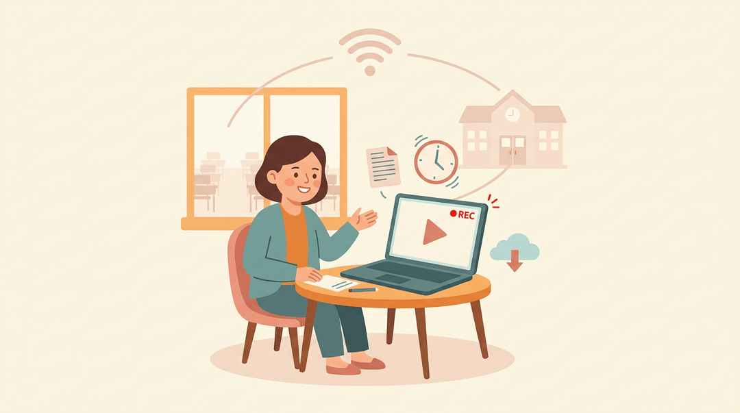 A teacher records a lesson at home, symbolizing the shift to flexible online learning with icons of resources and a distant empty school.