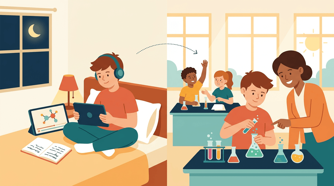 A student learns chemistry online at home then applies it in class with teacher guidance.