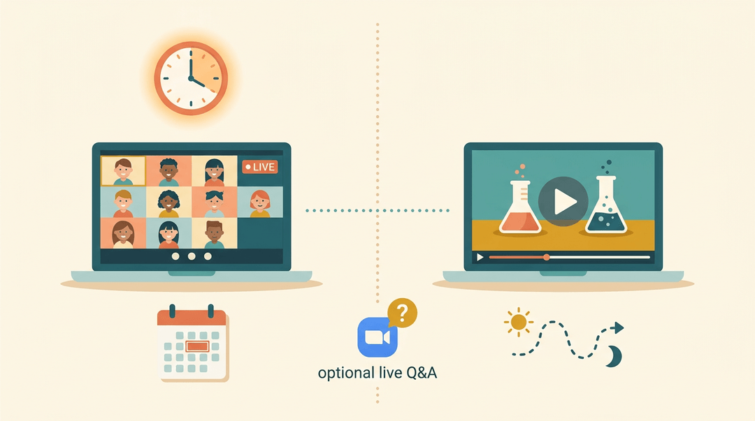 Comparison of synchronous learning with fixed schedules versus asynchronous self-paced study, linked by an optional live Q&A session.