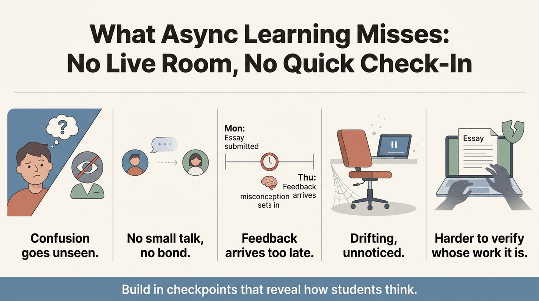 Illustration showing five scenarios of missed connections in async learning, advocating for built-in checkpoints to reveal student thinking.