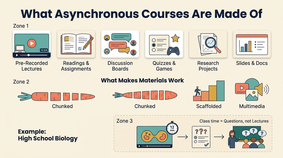 An infographic showing components of asynchronous courses, chunked content strategies, and a biology class example.