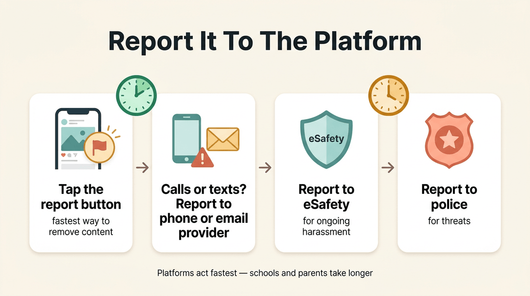 Flowchart showing four steps to report online harm: tap the platform button, contact providers, use eSafety, or call police.